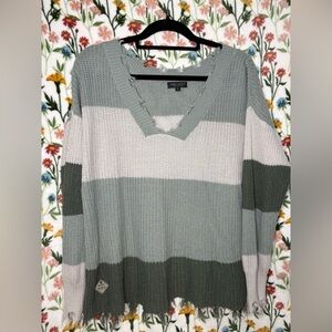 Simply Southern Striped V-Neck Sweater in Sage, Olive